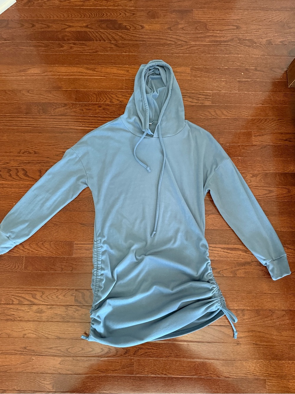 Light Blue Hooded Ruched-Side Sweatshirt Dress